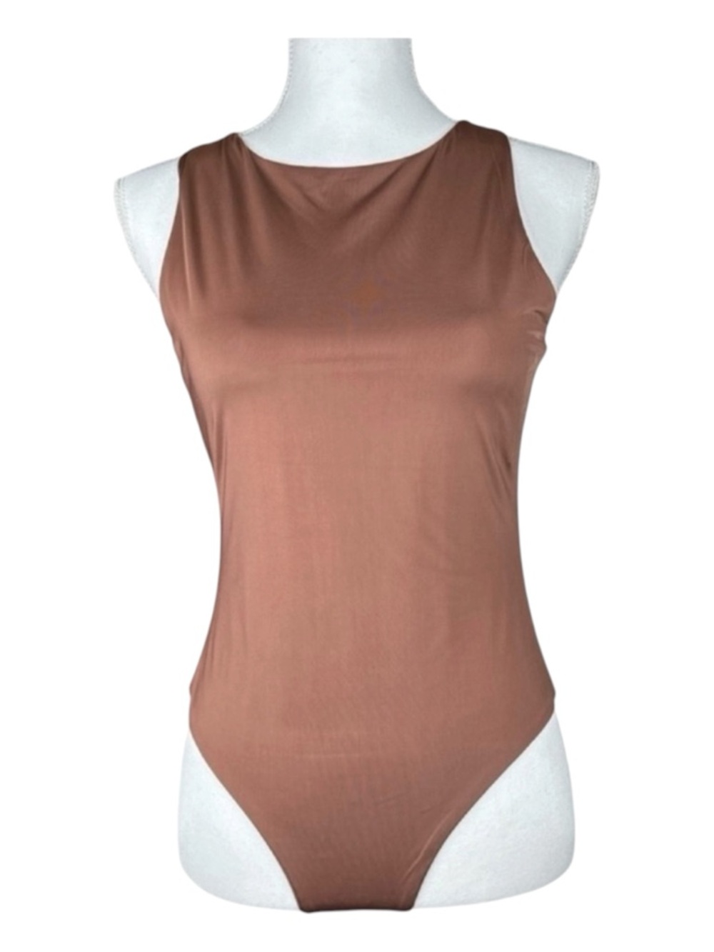 FRENCH TWIST Sleeveless Bodysuit in Color Nutmeg, Polyester & Spandex, Size M.